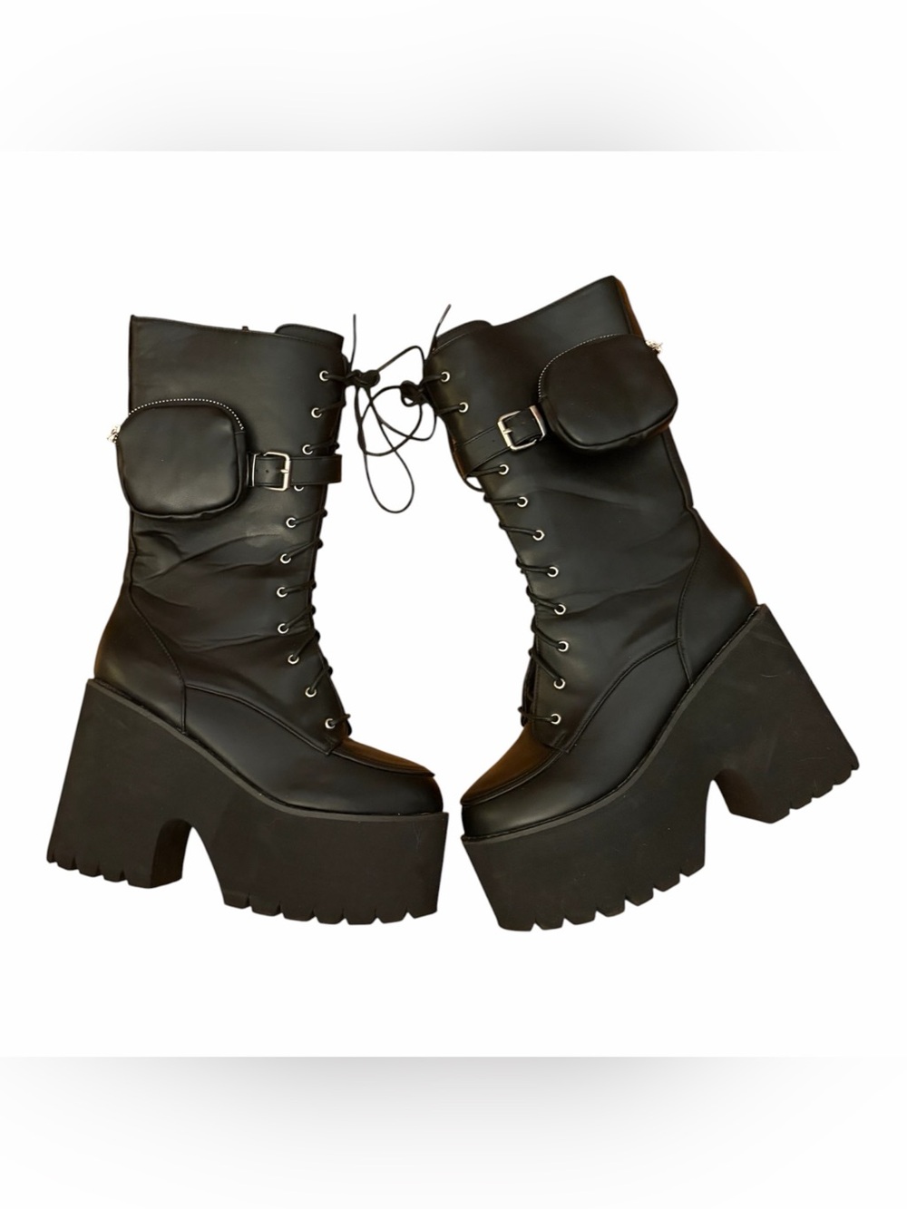 Black Mega Platform Combat Boots Goth Cyber Punk Pocket Boots